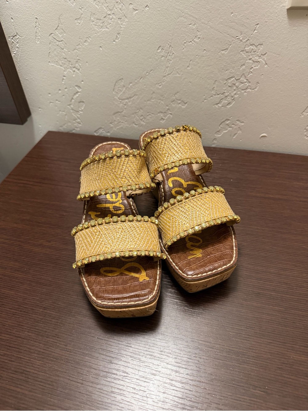 Sam Edelman Yellow Straw Three-Strap Platform Sandals